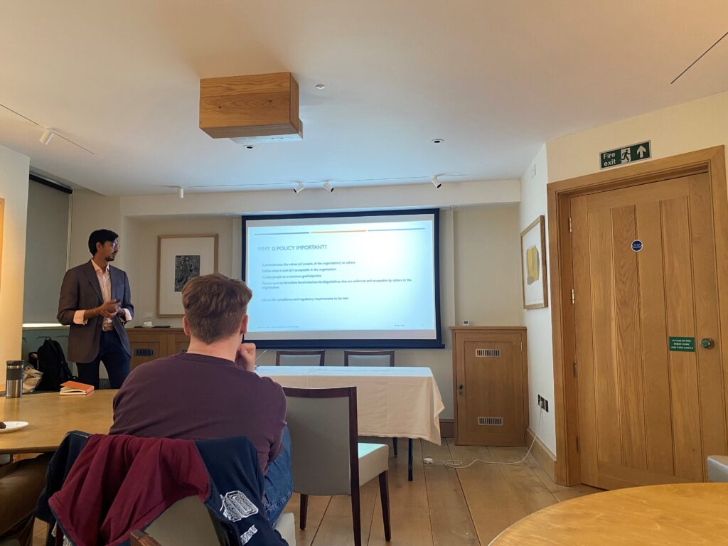 Policy learning event speaker, Mr Mihir Sheth explaining the importance of policy for researchers.